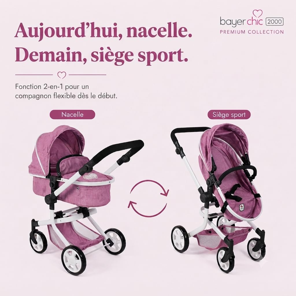 Bayer Chic 2000 Poussette poupée Mika 2 en 1 Pliable et réglable | Poussette poupée 2 en 1 pliable avec poignée réglable (47-80 cm), pour poupées jusqu'à 52 cm.