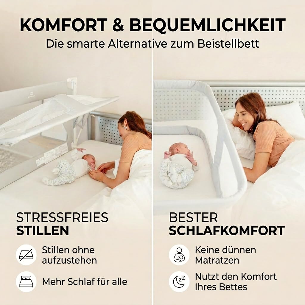 BabybeFun Beistellbett Baby [Stillen im eigenen Elternbett] Babybett für Boxspringbett und normales Bett mit Überrollschutz [Extra Sicher] Rausfallschutz Bett | Kinderbett Alternative