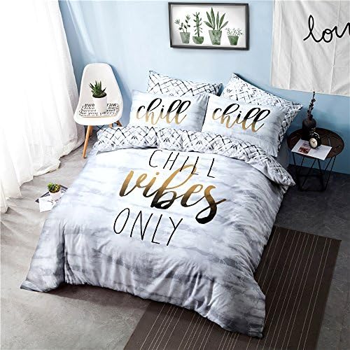 Sleepdown Chill Vibes Only Slogan Waves Soft Easy Care Grey White Diamond Geo Reversible Duvet Cover Quilt Bedding Set with Pillowcase - Single (135cm x 200cm)