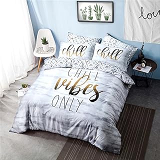 Sleepdown Chill Vibes Only Slogan Waves Soft Easy Care Grey White Diamond Geo Reversible Duvet Cover Quilt Bedding Set with Pillowcase - Single (135cm x 200cm)