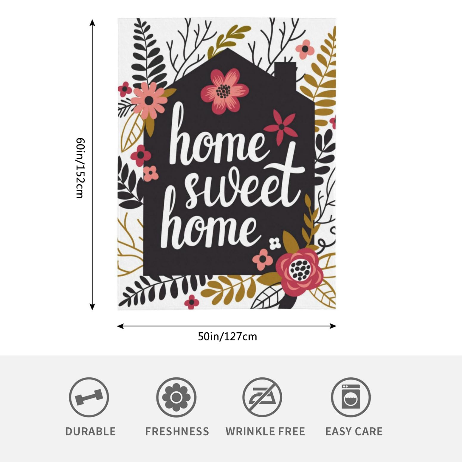 HGOD DESIGNS Floral Elements Home Sweet Home Flannel Fleece Bed Blanket Throw Blanket Lightweight Cozy Plush Blanket for Bedroom Living Rooms Sofa Couch 130x150cm - Image 2