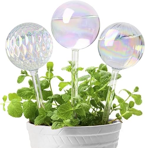 KiKiHeim 3 globos de riego de plantas, globos de riego automático de vidrio iridiscente, picos de inserción para maceta, bombillas de agua