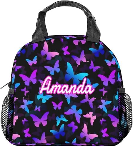 Lonchera personalizada con nombre de mariposa para niñas y mujeres, bolsas de almuerzo aisladas reutilizables personalizadas con asa - Lonchera