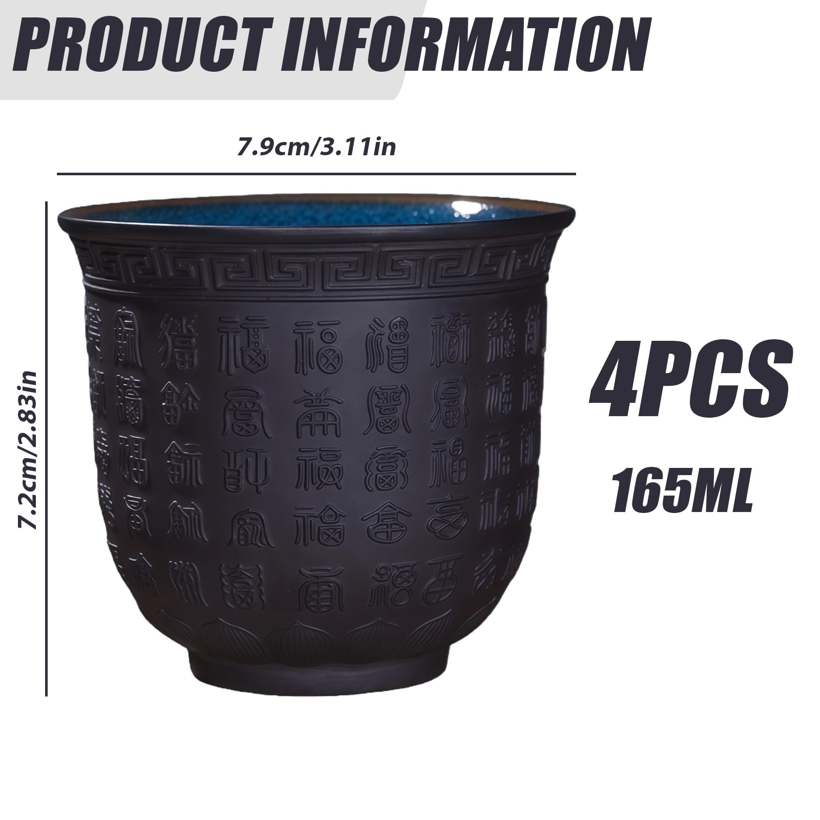 Set di 4 tazze da tè in ceramica asiatica: tazze in ceramica cinese senza manico con testo, lavabili in lavastoviglie viola sabbia cuore Sutra tazza per tè, sake, espresso, caffè (165 ml*4)