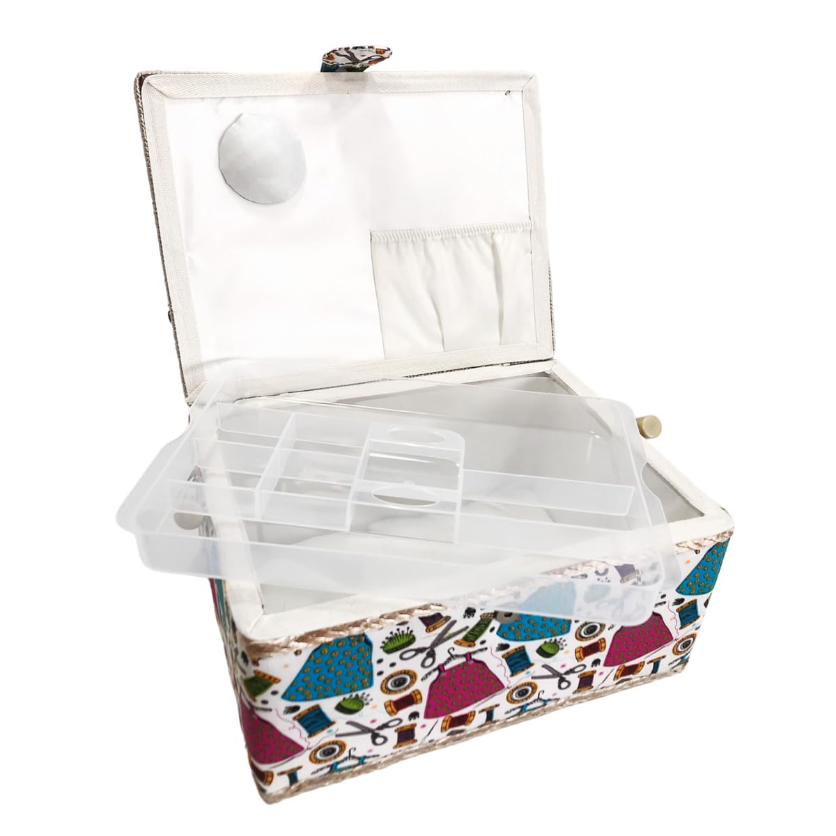Medium Empty Wooden Sewing Box, Fabric Lined Sewing Box with 4 Compartments, Organizer with Pin, Storage Box with Handle, Accessory Tray, (Medium, Threads)