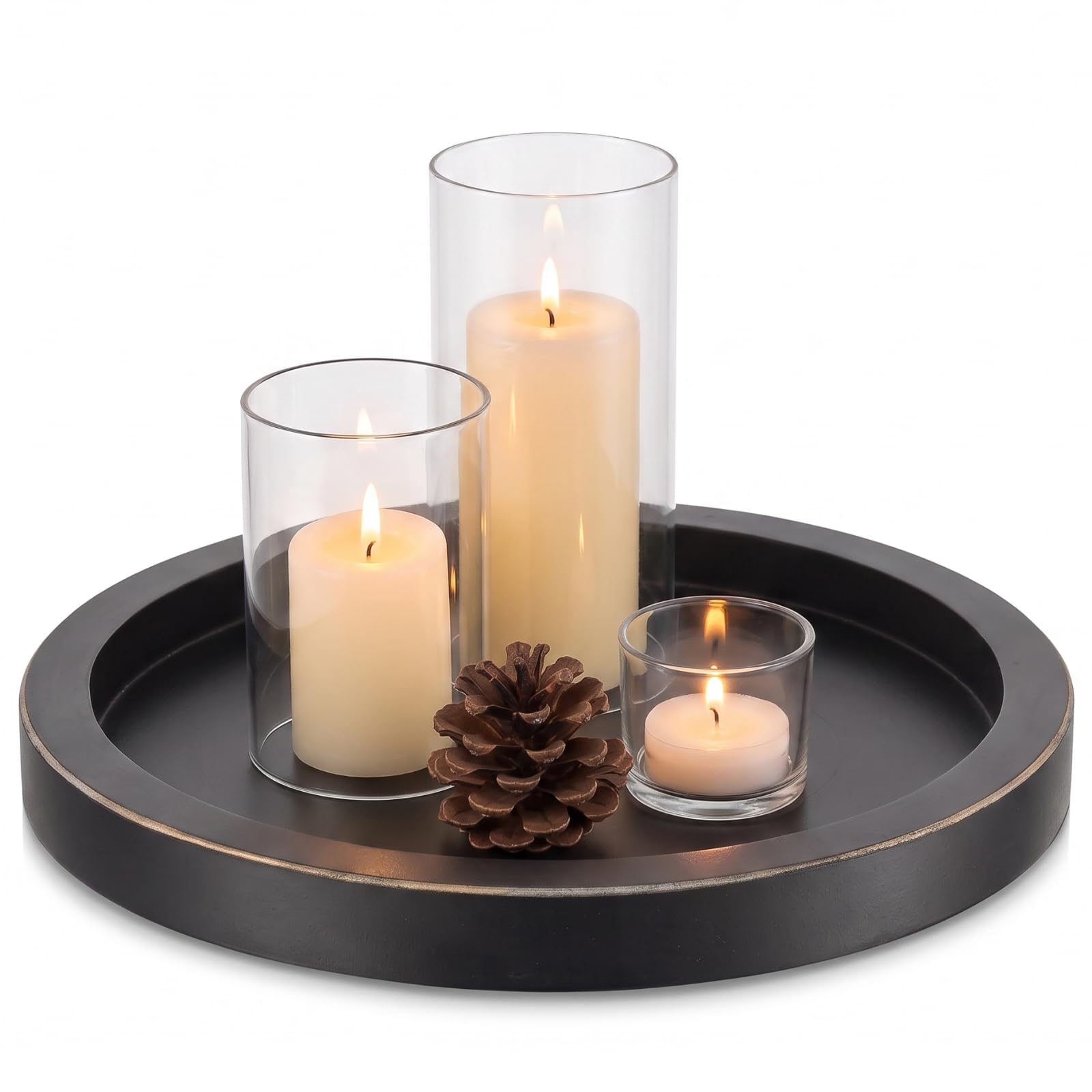 Hanobe Wooden Decorative Candle Tray： Black Round Trays for Coffee Table Centrepiece 28cm Modern Candle Holder Display for Home Living Room Ottoman Kitchen Decor