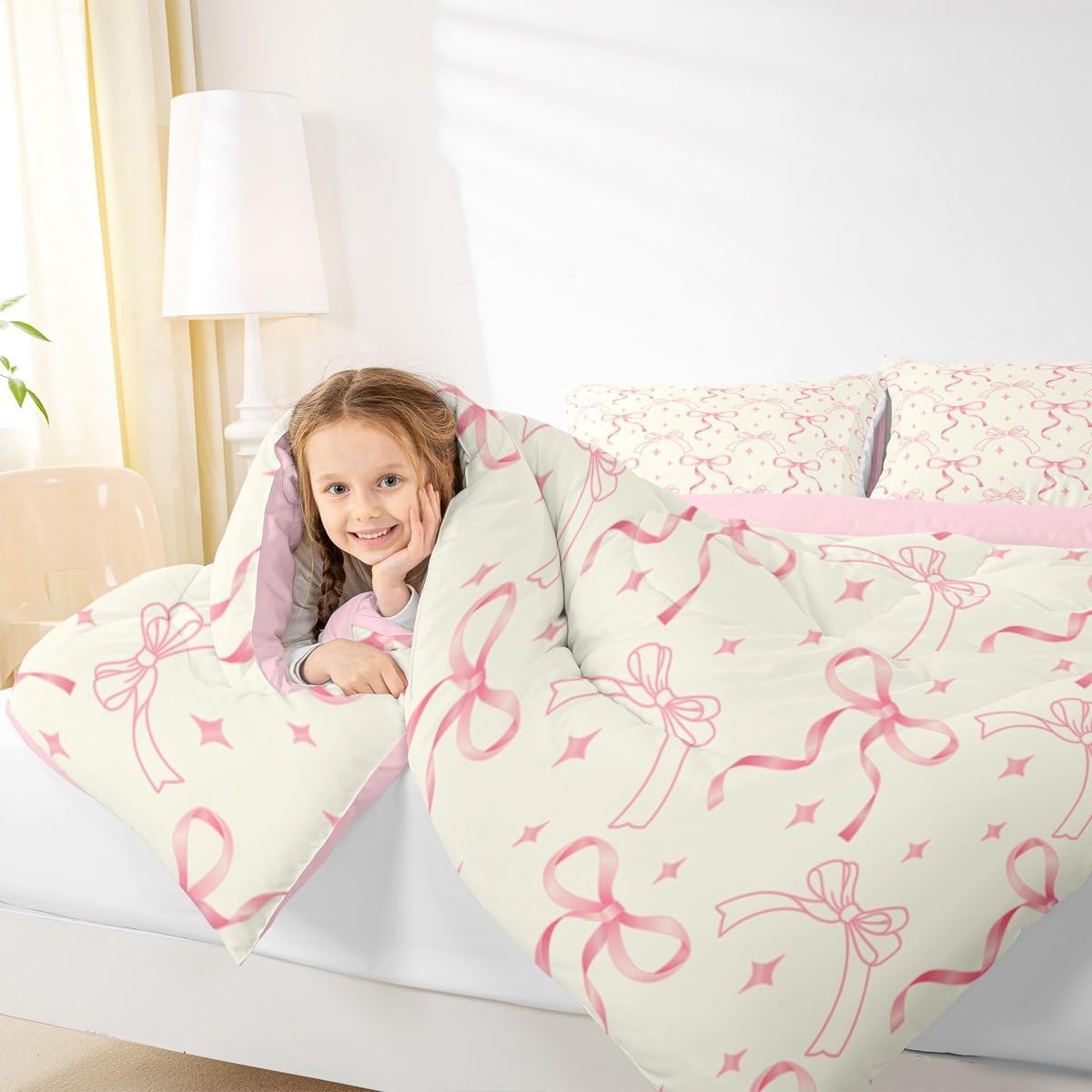 Erosebridal Kawaii Bow Comforter Set Queen Size Pink Bowknot Bedding Set for Kids Girls Boys Yellow Simple Bows Comforter Dreamy Preppy Coquette Quilt Cute Aesthetic Geometric Bedroom Decor