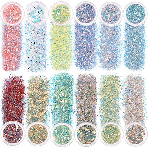 KISSBUTY 12 Colors Chunky Glitter Nail Sequins Body Glitter Nail Art Glitter Sequins Iridescent Flakes Colorful Pentagon Paillette Festival Glitter for Body Face Hair Make Up Manicure