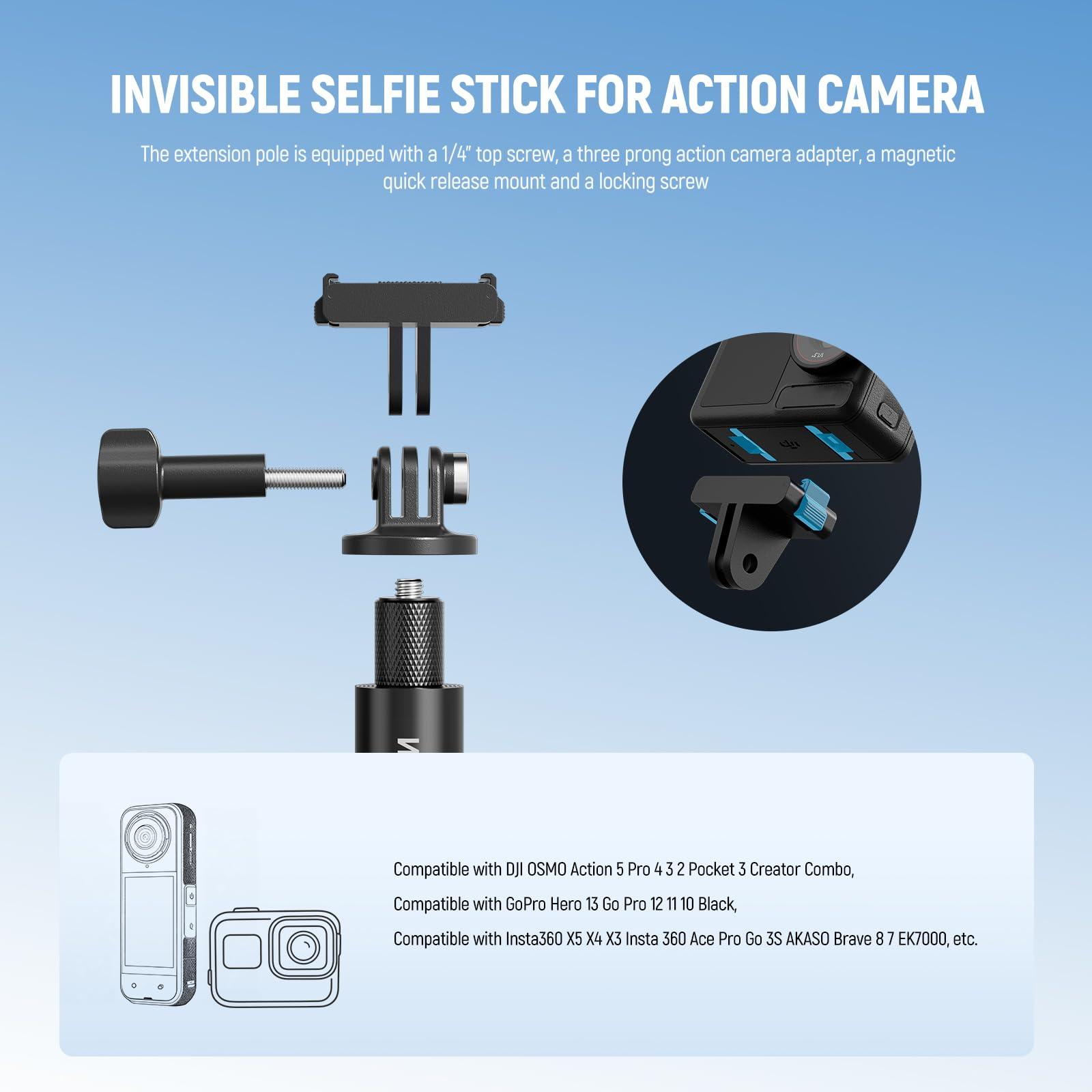 NEEWER Zestaw drążków przedłużających kompatybilny z DJI OSMO Action 5 Pro 4 3 GoPro Insta360 AKASO, 153.7 cm niewidoczny kij do selfie, adapter kamery sportowej i magnetyczny uchwyt do szybkiego