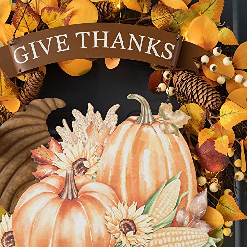 Glitzhome 16" H Thanksgiving Wall Decor Give Thanks Hanging Sign Decorations Pumpkin Croissant Corn Decorative Signs Plaques Fall Harvest Decor Wall Mounted Metal Wooden Sign For Front Door Home #TOP5