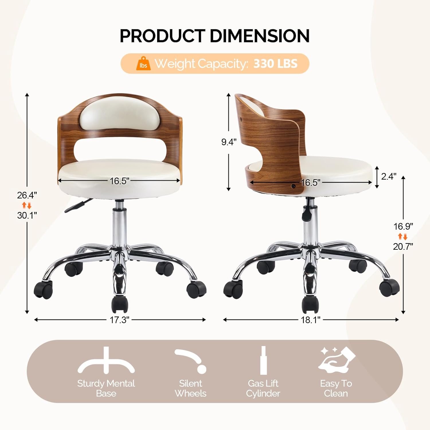 VINGLI Armless Home Office Desk Chair, Adjustable Swivel Chair,Dual-Use with/no Wheels,Small Retro Designed Walnut Curved Task Chair,Cushioned Nail Tech Chair for Study Area,Workspace,PU,Ivory White