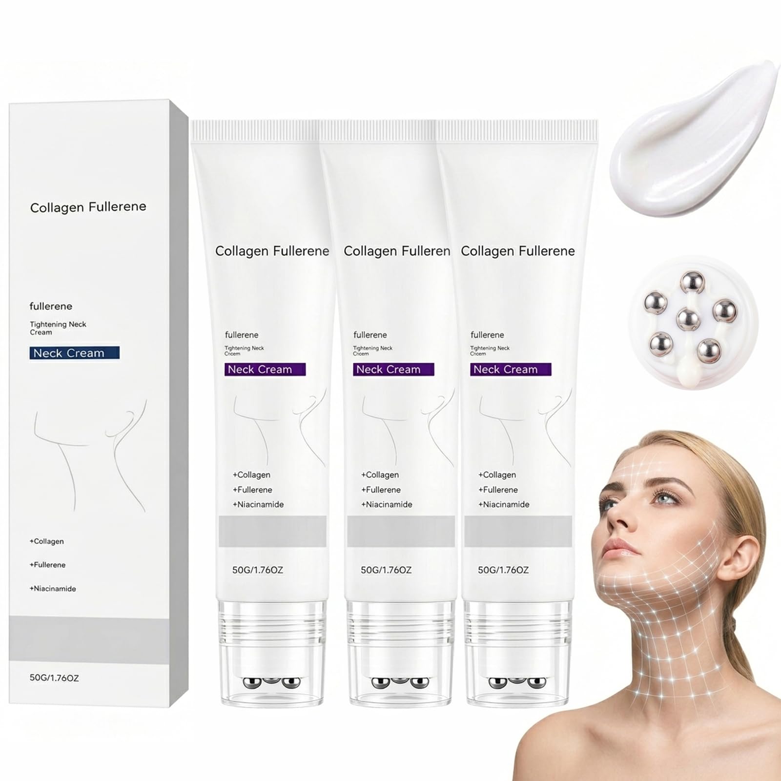 Crema Rassodante per il Collo con Rullo, Magic Collagen Fullerene Neck Cream, Crema Collo e Décolleté Lifting Con Collagen Peptides, Firming Neck Cream, Riduce Rughe, Nutre, Anti Rughe, 50g (3pcs)