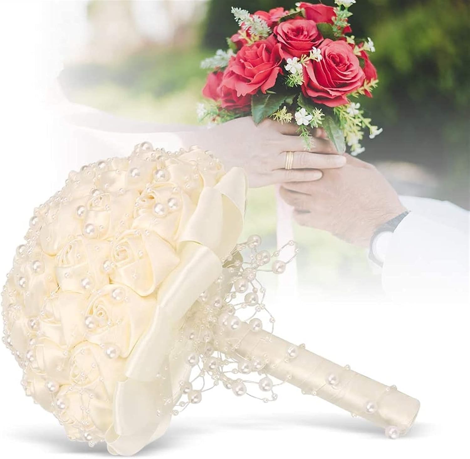Handmade Artificial Roses Flowers Pearl, Ribbon Bridal Bouquets Holding Flowers for Parties Bridal and Wedding Decoration
