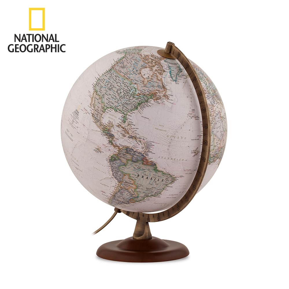 Tecnodidattica - Mappamondo National Geographic Gold Executive | Cartografia Fisico-Politica Stile Antico | Luminoso | Base in Legno e Meridiano in Metallo | Testi in Italiano | Diametro 30 cm