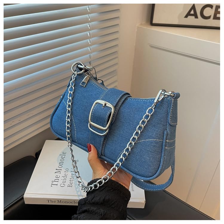 Image of Denim Purse for Women, Vintage Y2K Denim Shoulder Bag Retro Jean Purse Underarm Handbag Clutch for Party, Shopping, Travel