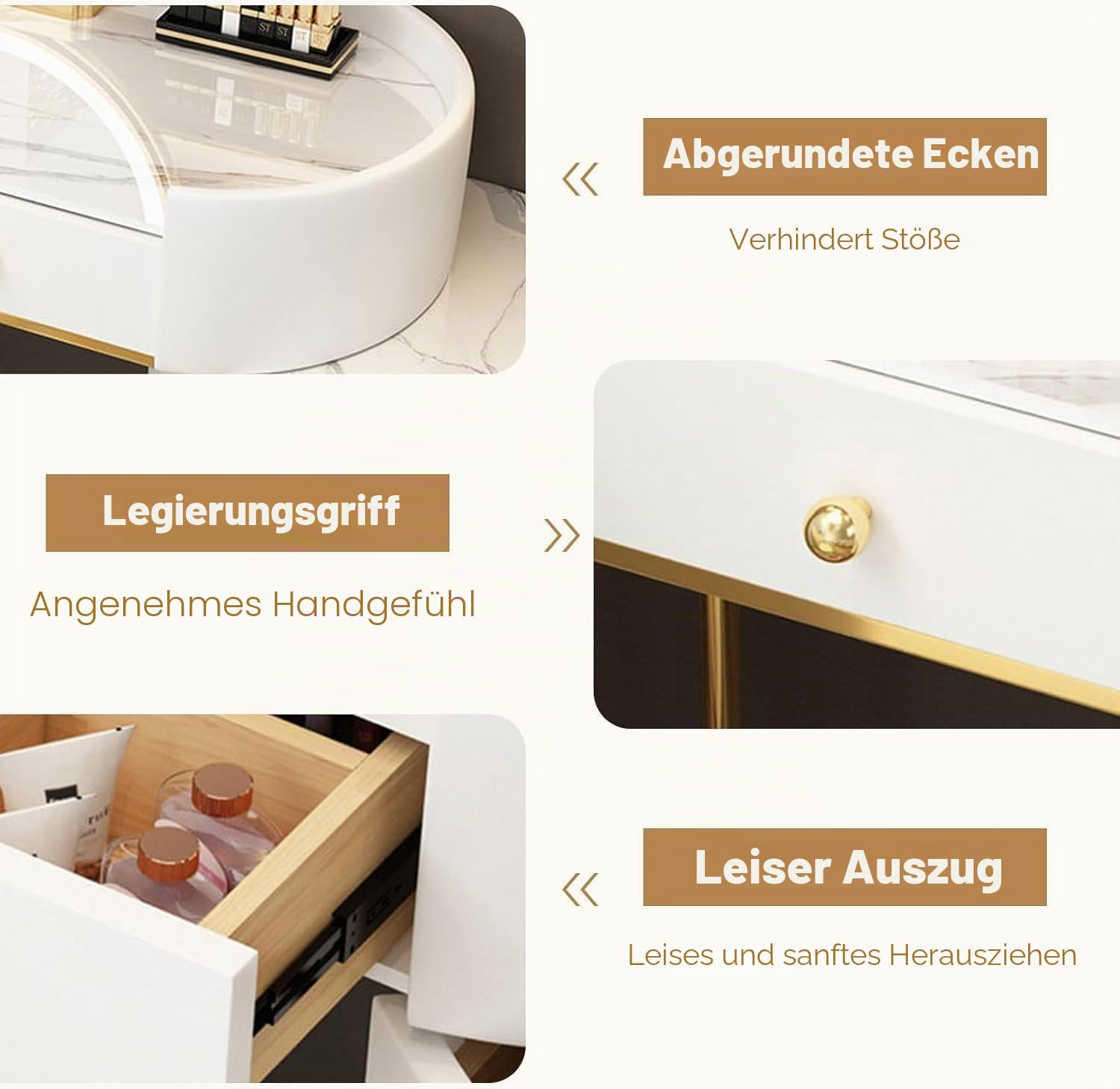 2 in 1 Schminktisch und Schreibtisch mit Abnehmbarem Spiegel, Frisiertisch mit Gepolstertem Samthocker, Kosmetiktisch in Lederoptik mit Granitplatte und Beistellschrank für Frauen