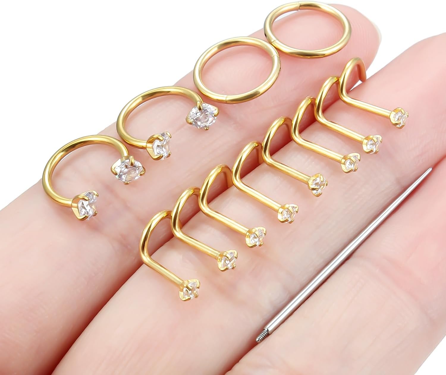 Hoeudjo 18G Horseshoe Nose Ring Surgical Steel Hinged Nose Hoops for Women Nose Studs 1.5MM/2MM/2.5MM/3MM Cubic Zirconia Bone & Screw & L-shaped Nostril Ring Body Piercing Jewelry for Women Men