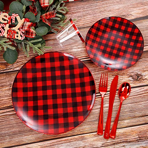 Nervure 150Pcs Red And Black Plastic Plates - Disposable Buffalo Plaid Plastic Plates - Plaid Christmas Plates Include 50Plates, 25Knives, 25Forks, 25Spoon, 25Cup For Party & Wedding #TOP1