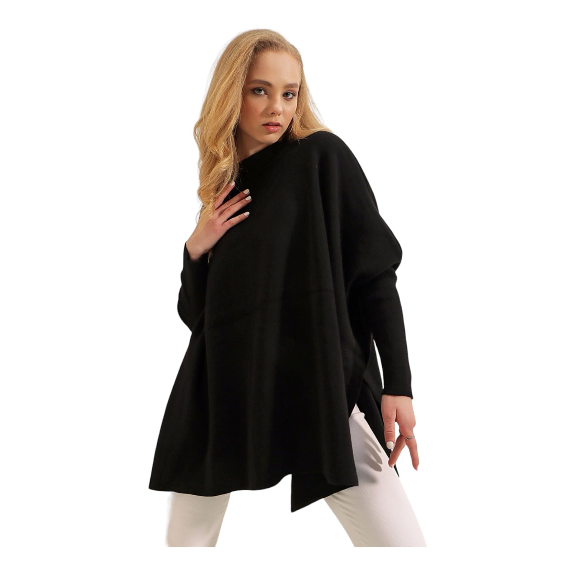 Womens Crew Neck Batwing Sleeve Split Hem Oversized Knit Poncho Sweater
