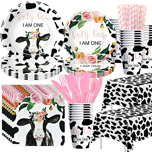 APOWBLS Holy Cow I'm One Birthday Decorations Girl Tableware, Cow Print First Birthday Party Supplies, Paper Plate, Cup, Napkin, Tablecloth, Disposable Cutlery, Straw | Serves 24