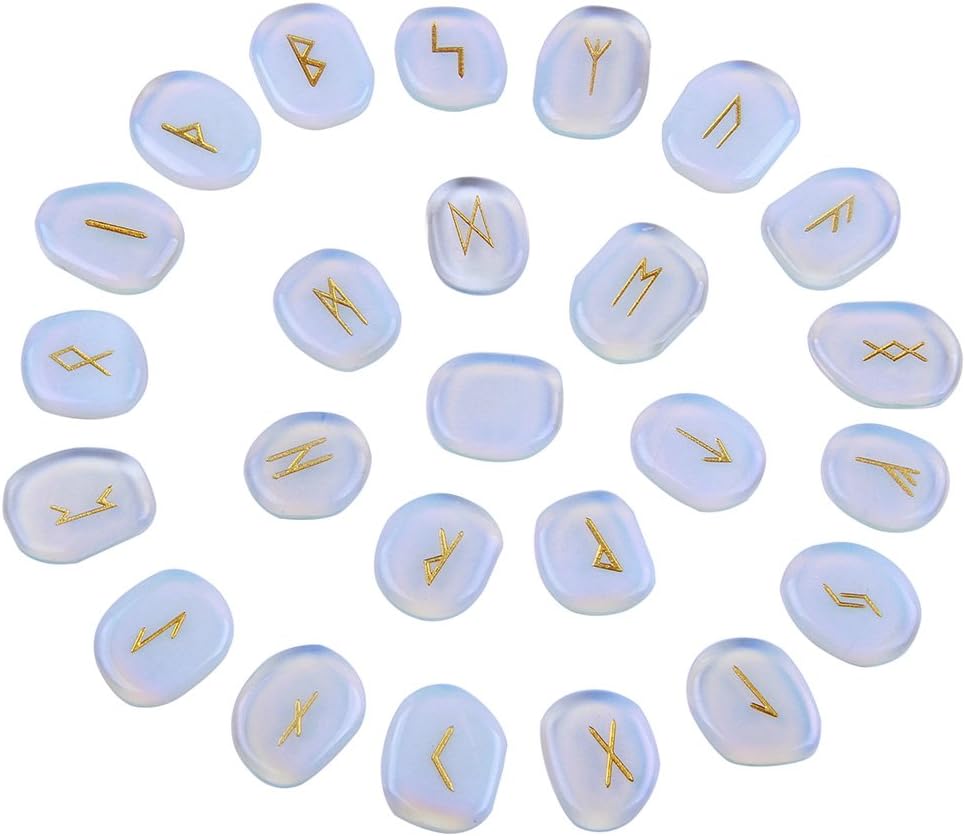 Sheewee Glass Opalite Rune Stones Set Engraved Symbol with a Velvet Pouch