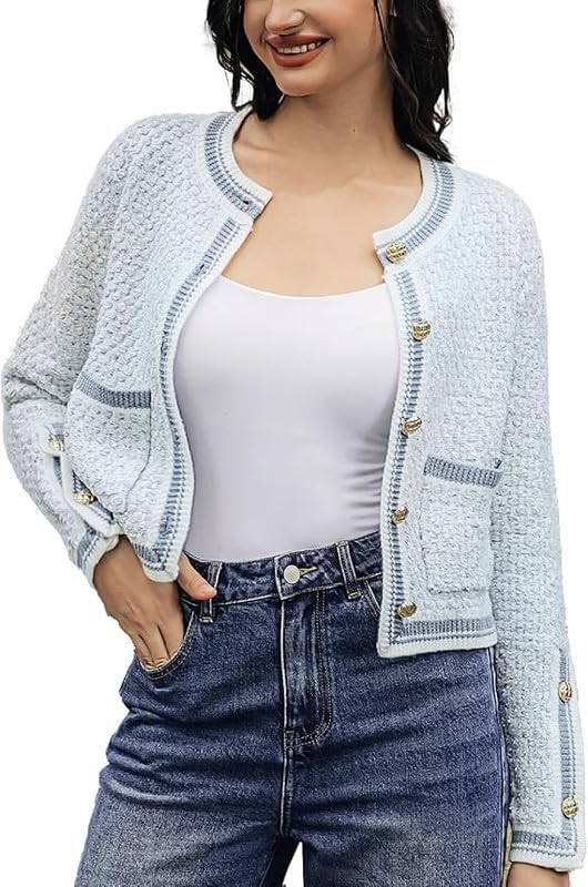 Womens Knit Cardigan Sweaters Casual Open Front Button Down Long Sleeve Cropped Tweed Jacket Trendy 20252