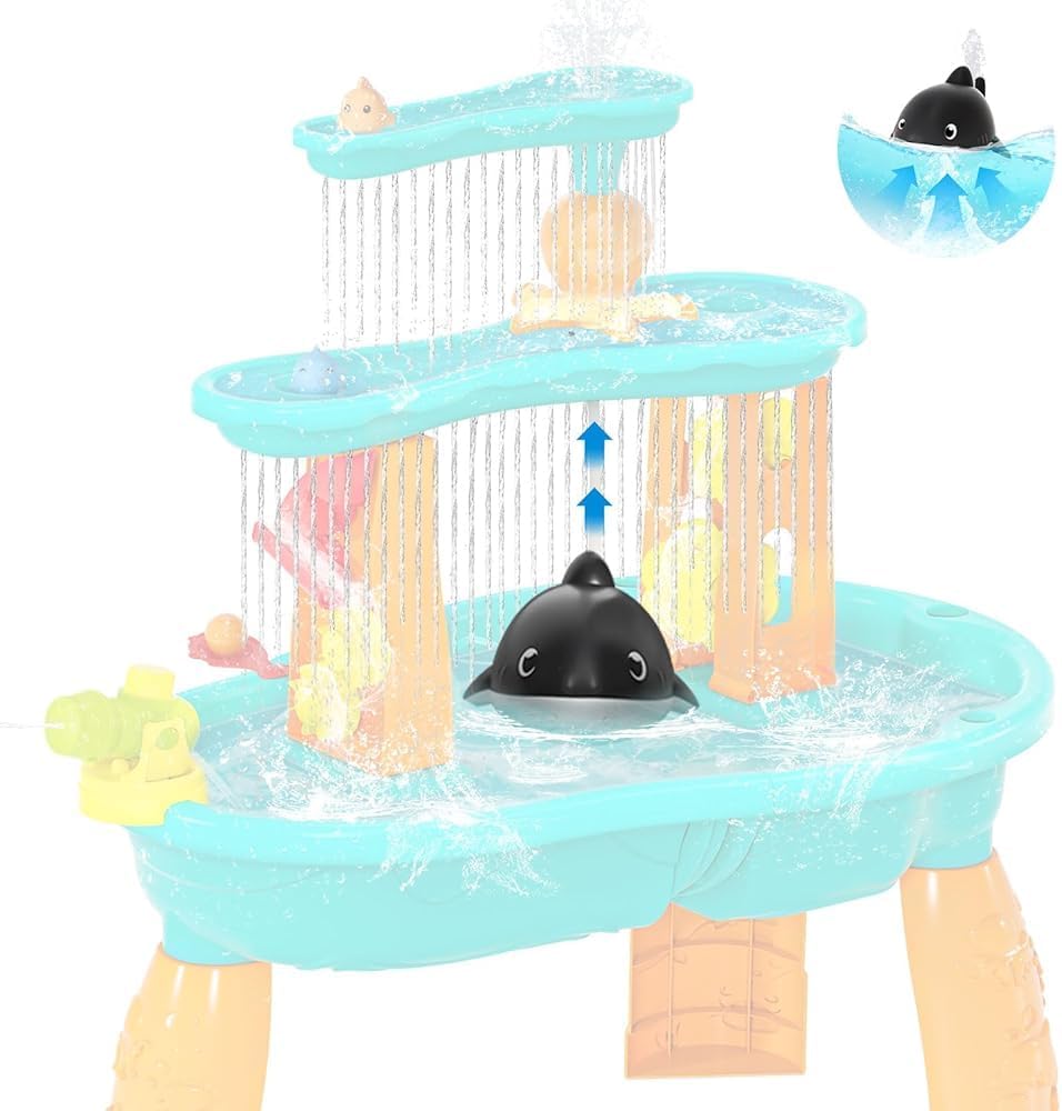 Auto Water-Absorbing Water Pump & Water Table, 3-Tier Kids Water and Sand Activity Table with Umbrella & 20PCS Water Toy Accessories, Outdoor Water Play Toys