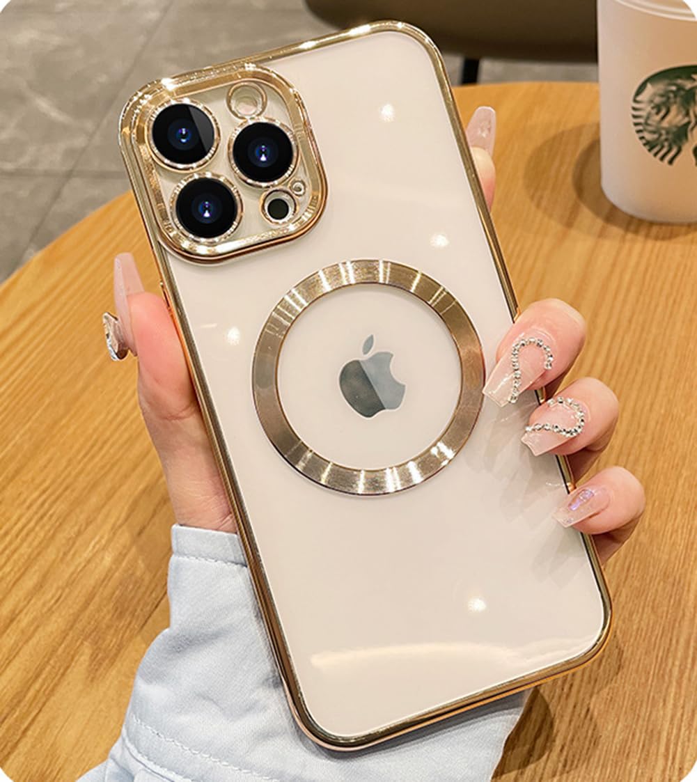 Mangixfor iPhone 15 Pro Max Case,Compatible with MagSafe Plating Luxury Cover Women Girls Soft TPU Clear Case Packed with 2 Glass Screen Protector for Apple iPhone 15 Pro Max(Gold)