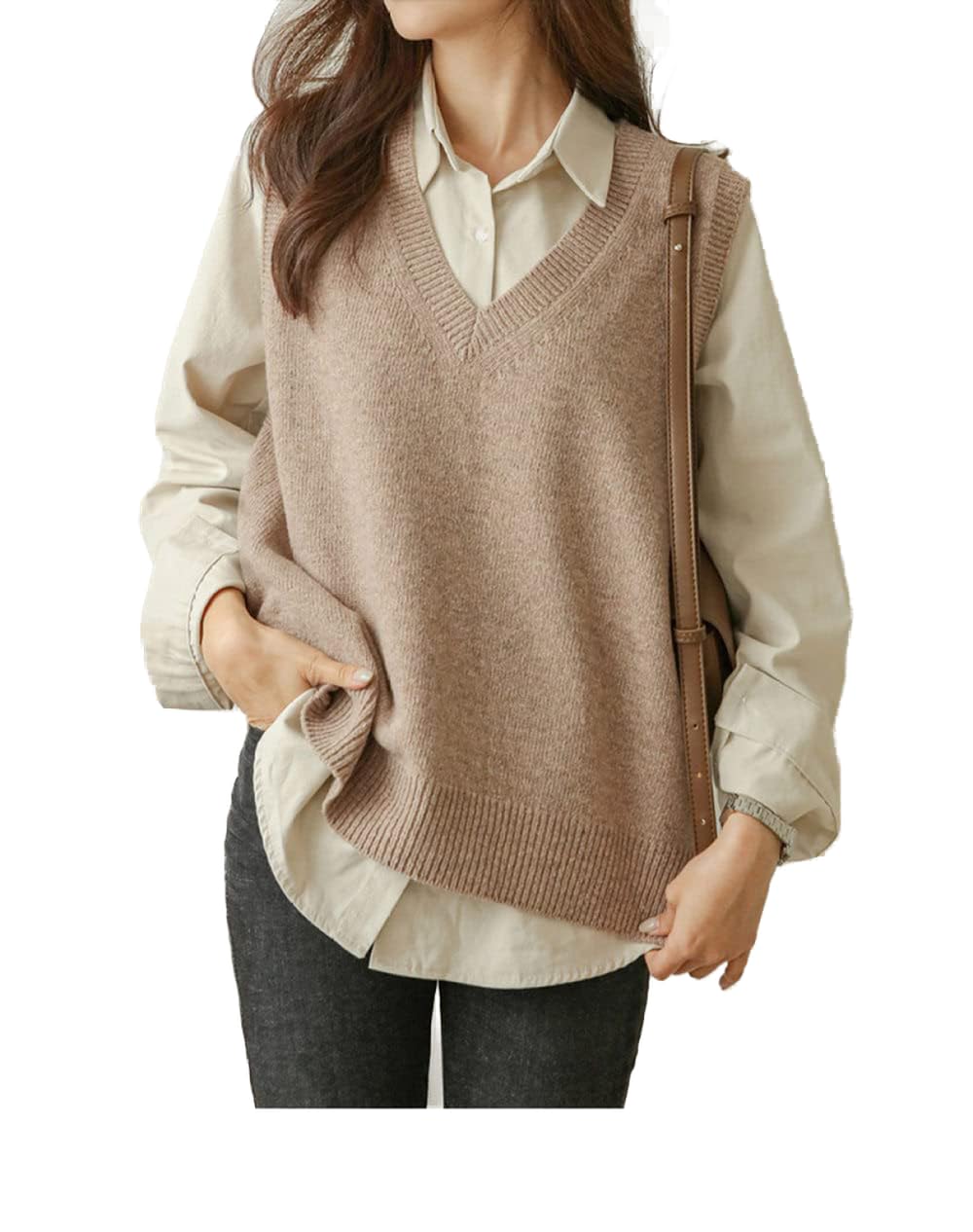 Kamizelka z dzianiny, damska kamizelka sweterkowa z dekoltem w serek retro szara jednolity kolor boczny rozcięta design na co dzień bez rękawów dzianinowe kamizelki kamizelka w stylu preppy