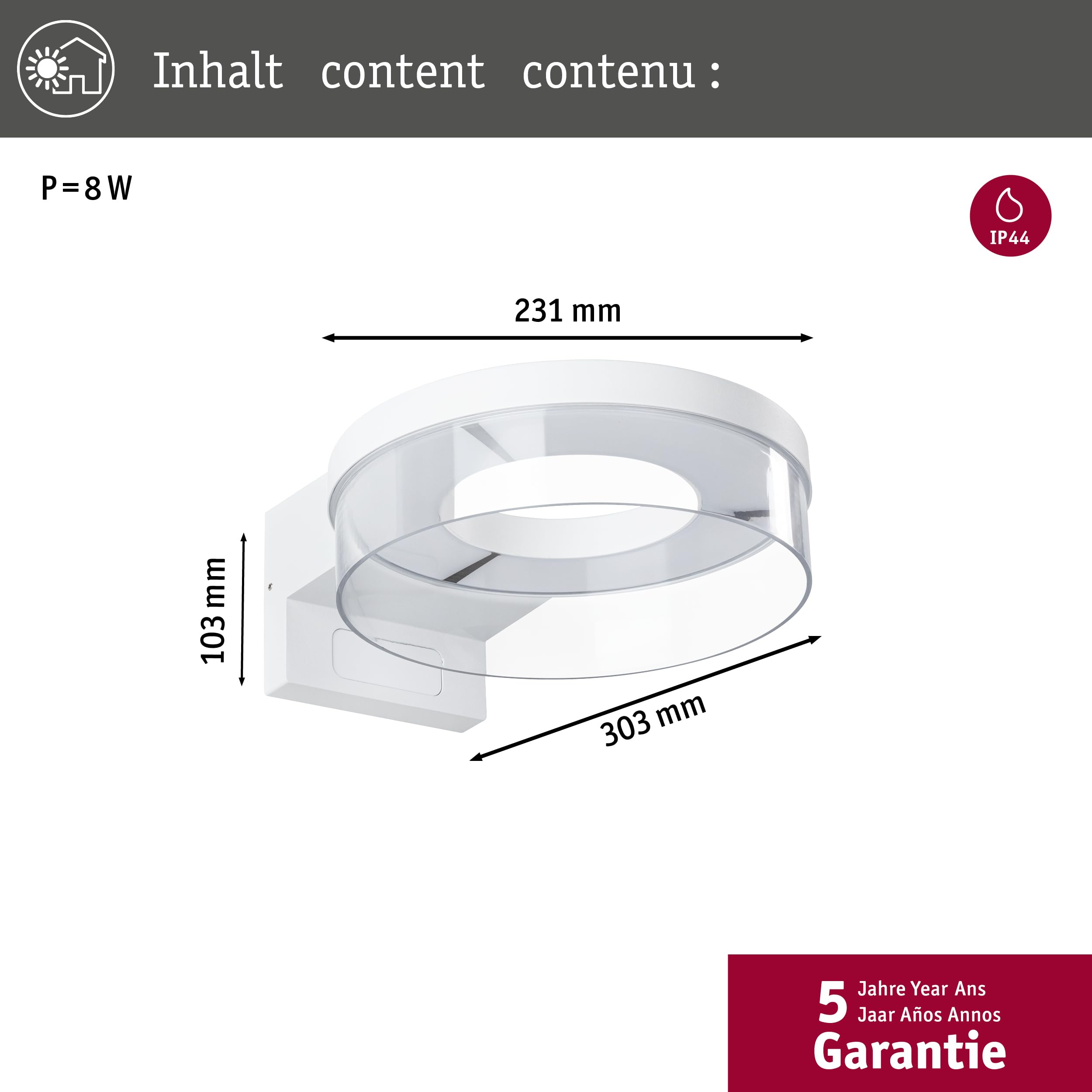 Paulmann 93112 LED Außenwandleuchte Capera Bewegungsmelder IP44 231mm 3000K 8 / 1x1,2W 700lm 230V Weiß Aluminium