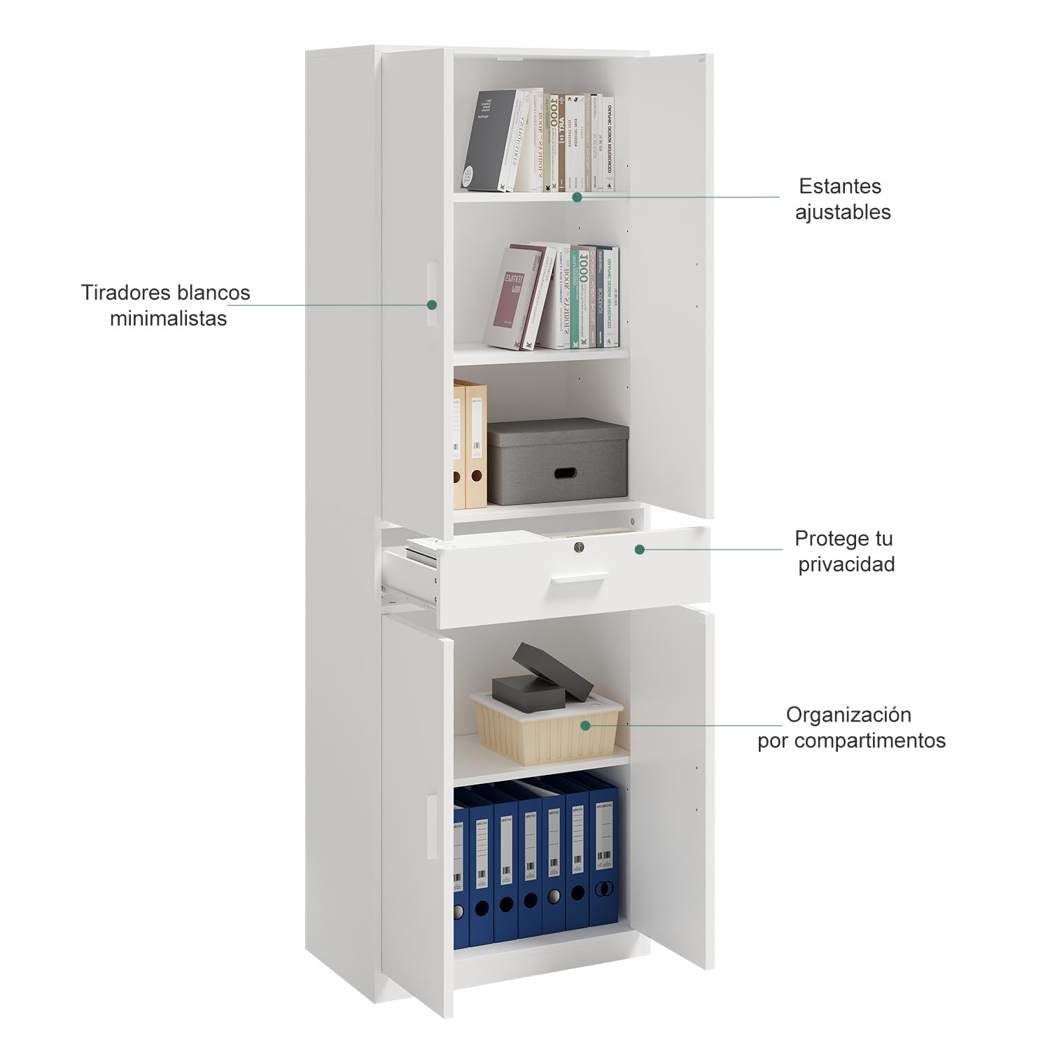 Armario de Oficina Multifuncional con llave Cajones y Cerradura, Blanco | Armario de Almacenamiento Multifuncional con 5 Niveles y Baldas Ajustables, Para salón, dormitorio despacho，60 x 180 x 34 cm