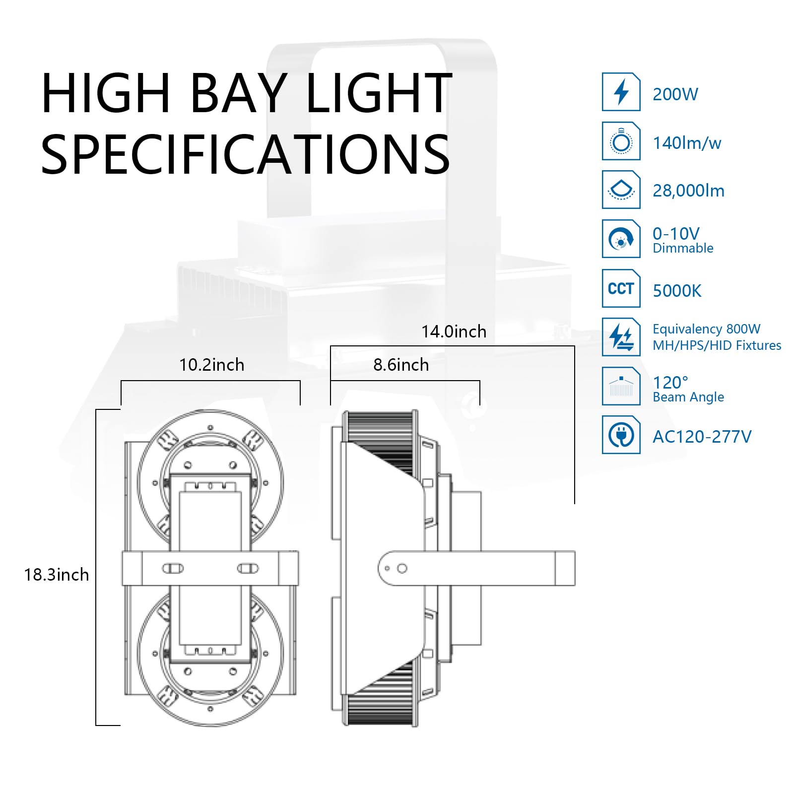200W LED High Bay Light 70 C 158 F Heat Resistant 28000LM 5000K 0-10V Dimmable High Temperature LED — view 2