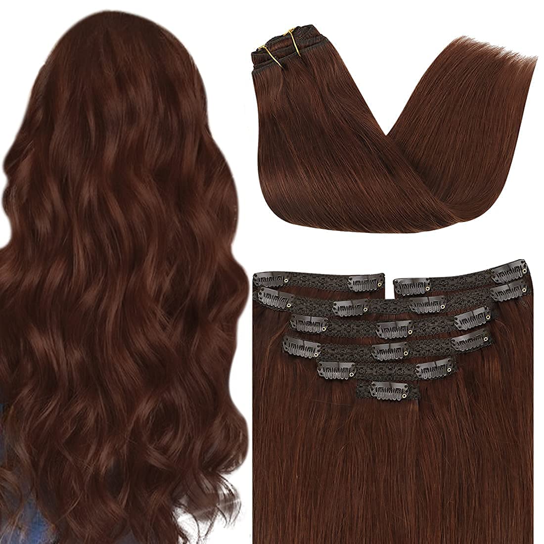 VeSunny Human Hair Extensions Clip in Remy Hair Extension Color #33 Auburn Brown Clip Hair Extension