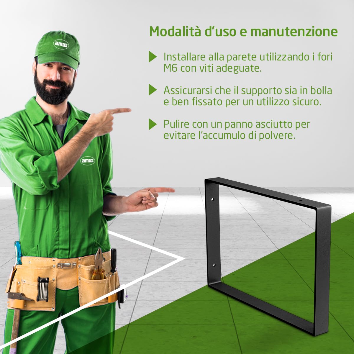 Amig - Staffa Rettangolare Singola per Scaffali Industriali - 211 x 311 x 30 mm - Acciaio Nero Opaco - Supporto da Parete per Mensole - Design Funzionale e Resistente - Ideale per Scaffali da Parete