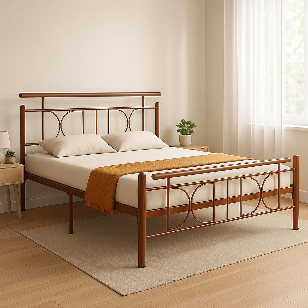 Mexo Metal King Size Bed Without Storage | Wrought Iron Double Bed with Headboard & Footboard | Sturdy Powder Coated Platform Bed King Size Cot for Bedroom Living Room Brown (75x72)-image-42
