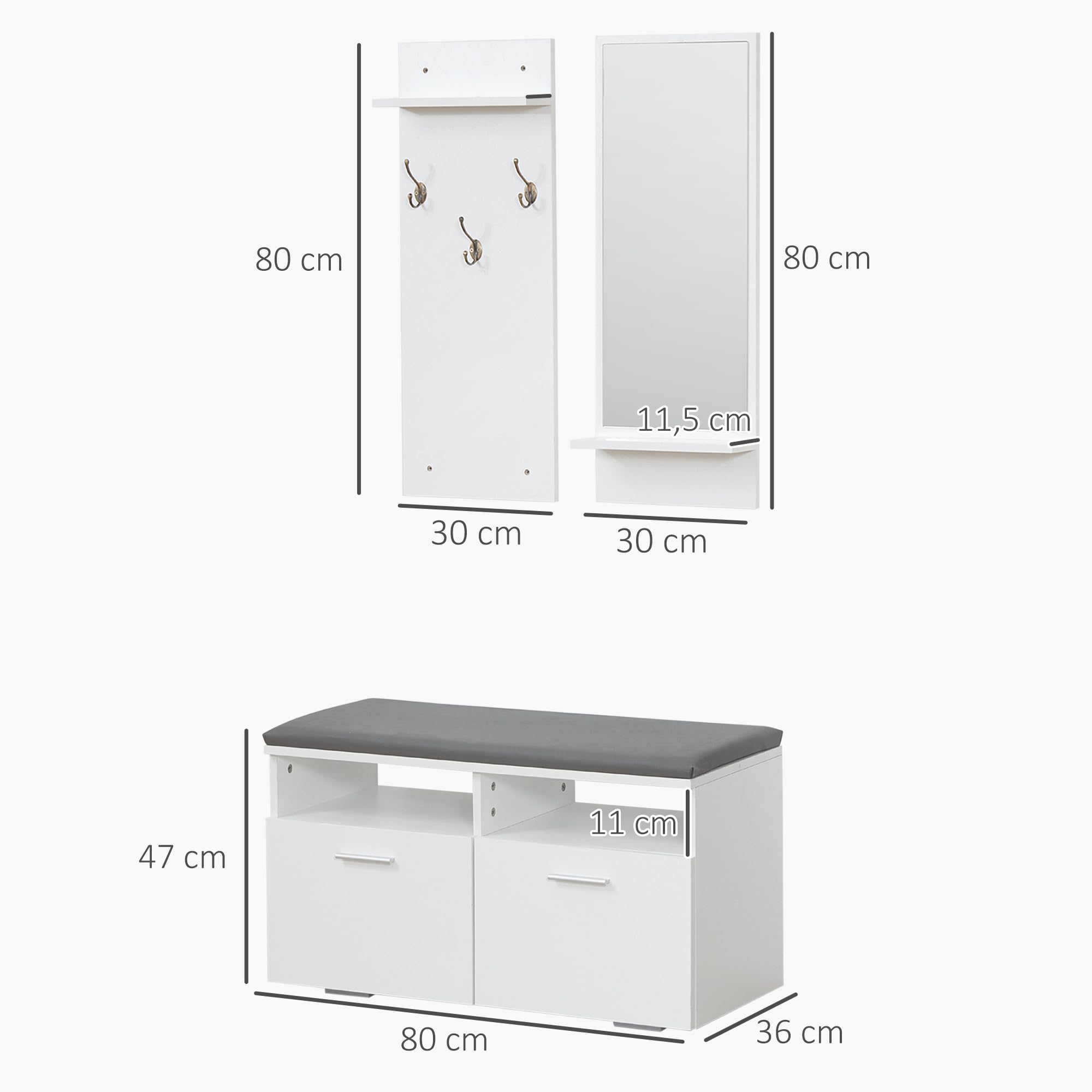 HOMCOM Conjunto de Recibidor con Espejo Perchero y Zapatero Recibidores de Entrada con 3 Ganchos 2 Puertas y Estantes para 8 Pares de Zapatos Blanco