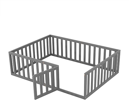 Miniatura 6 de Cama Montessori de tamaño matrimonial para niños, marco de cama con barandillas en forma de valla, listones de apoyo y puerta, cama matrimonial de