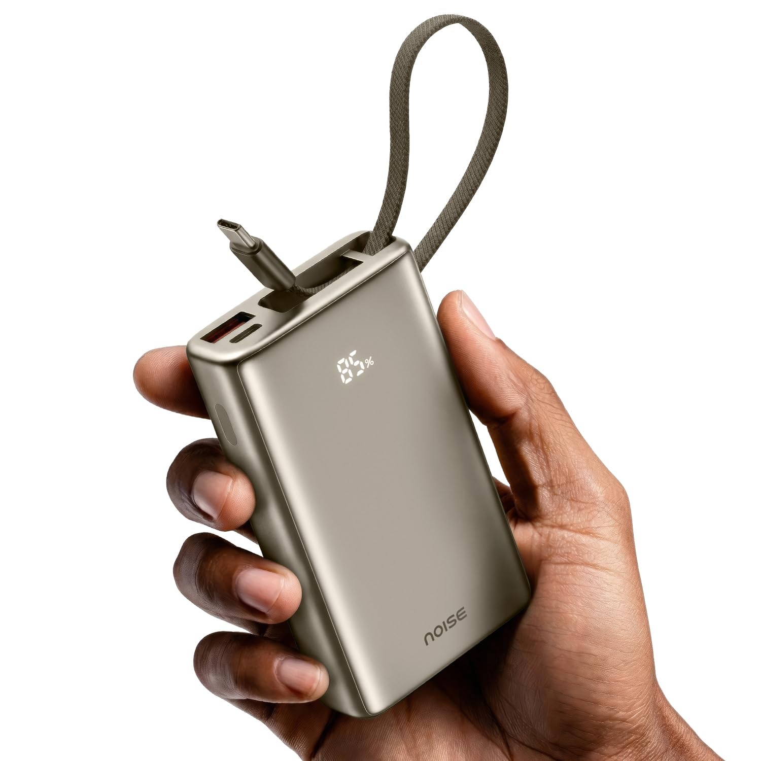 Noise Power Bank 10000mAh: Built-in Type-C Cable, 22.5W Fast Charging, 120g Ultra-Compact, LED Display for Battery%, Premium Metallic Finish, Triple Device Charging, BIS Certified (Titanium)
