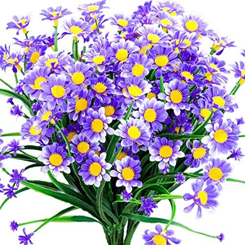 Daisy Artificial Flowers Outdoor Fake Plant Purple Faux Greenery Shrubs Arrangement Plastic Bushes Indoor Planter Outside Decor Bulk 4 PCS