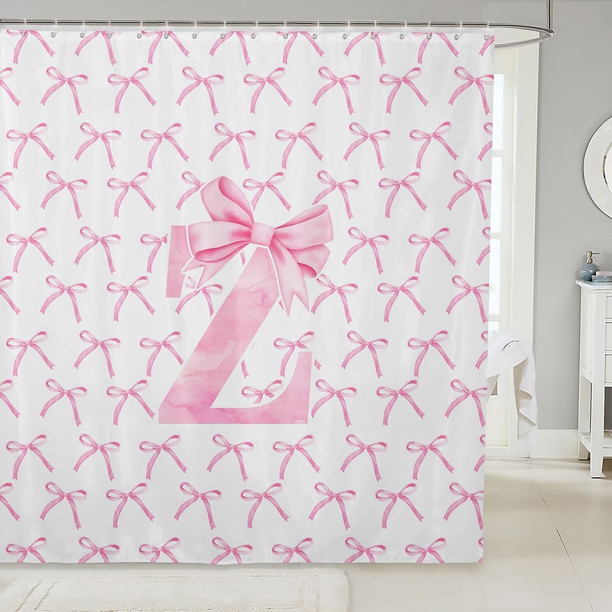 Manfei Cartoon Bowknot Kids Shower Curtains,Pink Bow Tie Letter V Knot Princess Girls Women Bathroom Curtains,Watercolor Bow Patchwork Pink White Waterproof Curtains,12 Hooks Suits,72" W x 78" L