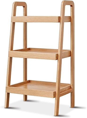 Miniatura 1 de Estantería de escalera de madera de roble macizo 100%  Estantería de almacenamiento de piso, mesa auxiliar, estante abierto para sala de estar,