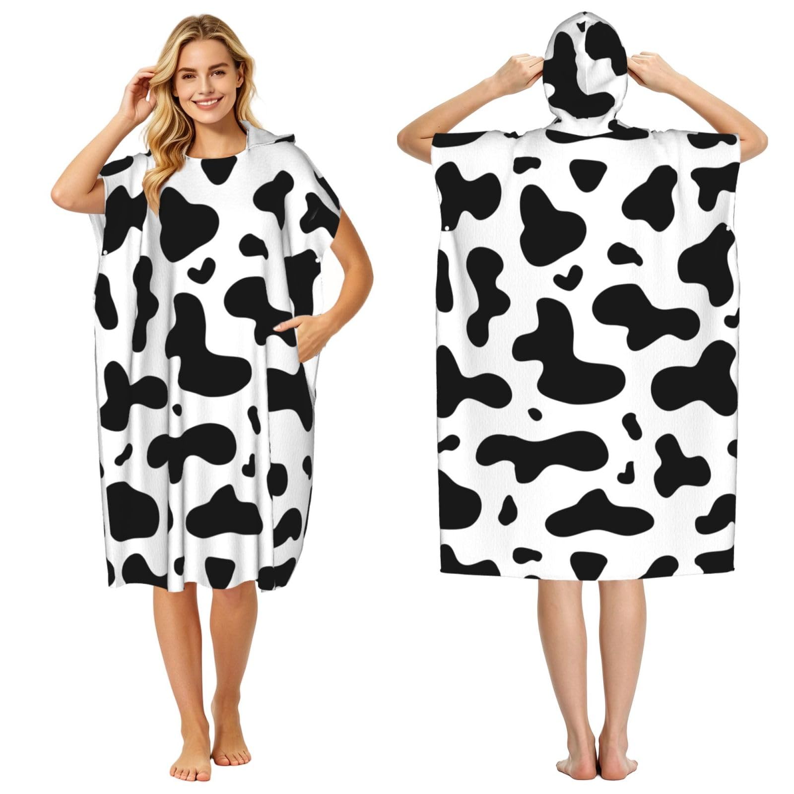 Poadnly Cow Spots Cow Print, Adult Hooded Beach Towel 90 x 110 cm,Changing Bath Robe, Surf Poncho Towel For Women Men