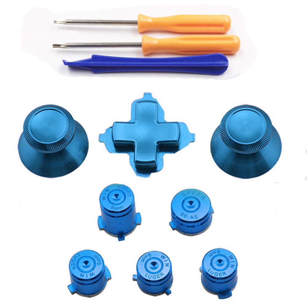 Aluminium Alloy Metal Thumbstick Joystick Cap+ Bullet Button+ D-Pad Dpad Buttons with Screwdrivers Set for Xbox one Controller (Blue)
