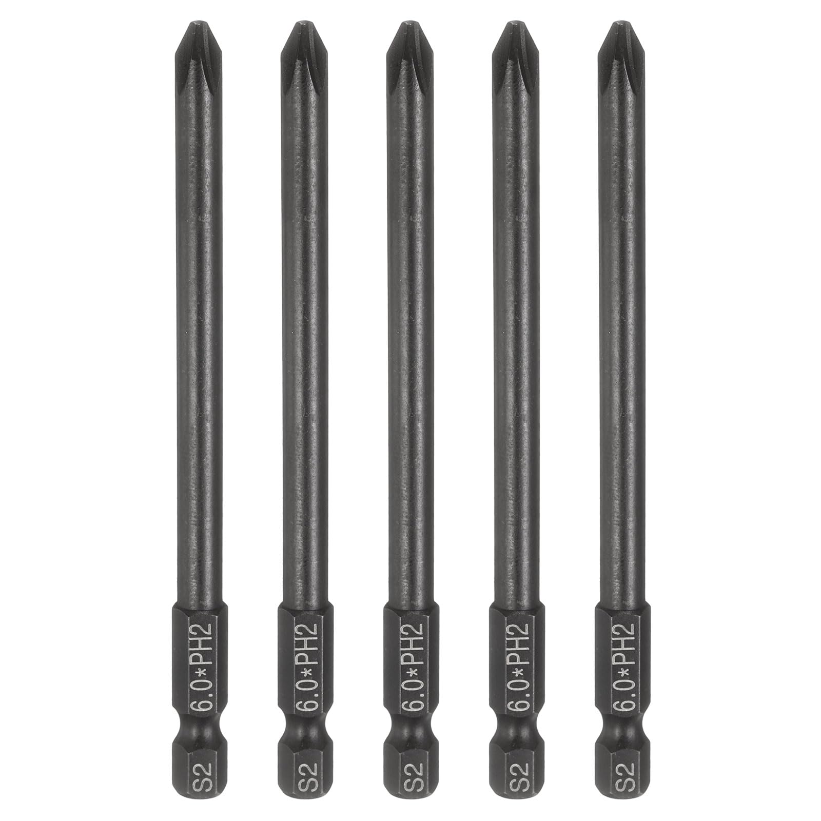 sourcing map 5pcs #2 Phillips Screwdriver Bit PH2 1/4" Hex Shank 4" (100mm) Long 6mm Rod Magnetic Cross Head Drive Drill Bits S2 Steel Industrial Screw Driver Electric Power Tool, Black