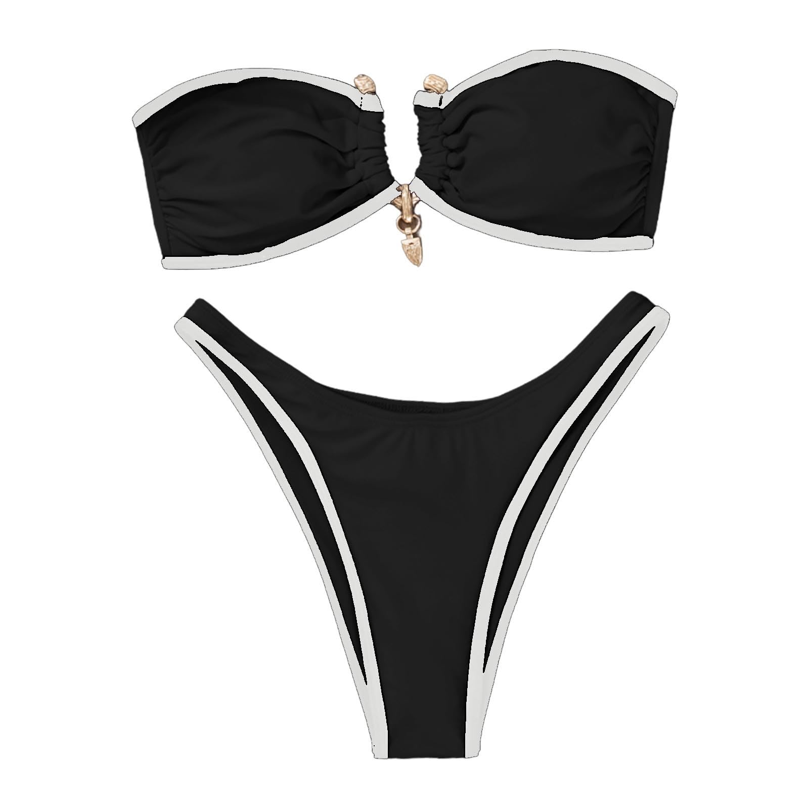 Generisch Bikini pour femme - Maillot de bain deux pièces avec taille haute et ourlet contrasté