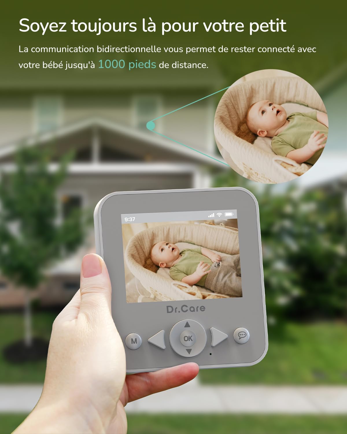 Dr.Care NeoView Babyphone Caméra Vidéo - Écran 2.8" 1500mAh, Surveillance Bébé, Audio Bidirectionnel, Vision Nocturne, VOX, Capteur de Température, Berceuses, Clip Ceinture