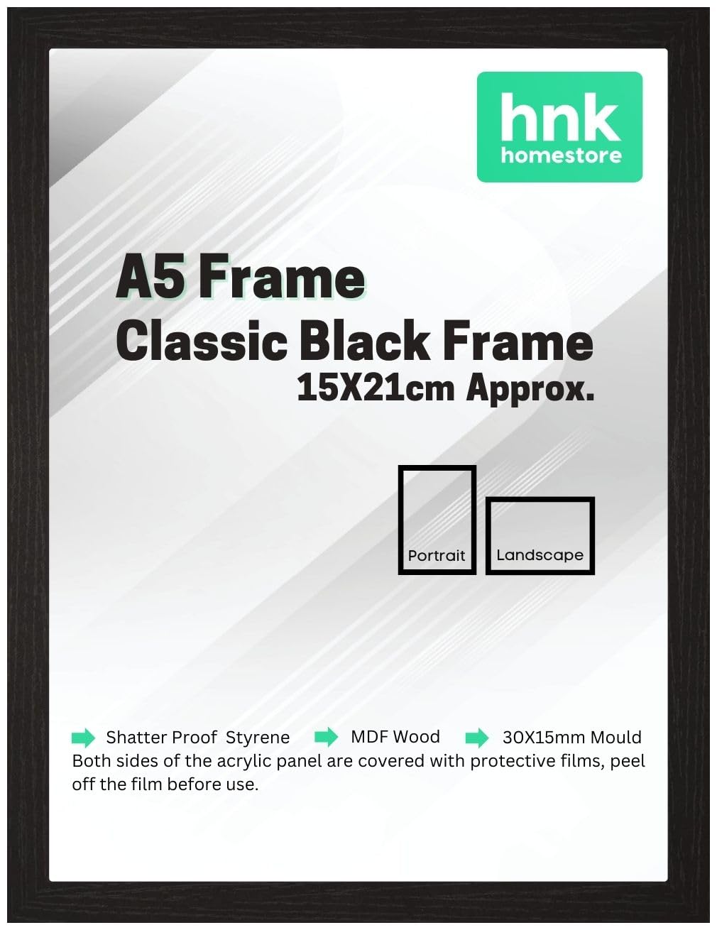 HNK Classic Picture Poster Frame, A5 Black Frame, Wood Finish, Portrait/Landscape Display Rectangle 15X21.00cm