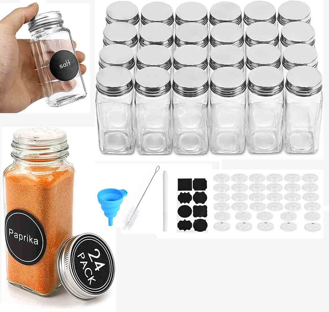 BEONE24pcs 120ml 4oz Glass Spice Jars Bottles, Empty Square Spice Containers with Airtight Metal Caps, Shaker Lids, Silicone Collapsible Funnel, Spice Labels, Brush (24pcs/pack,120ml)