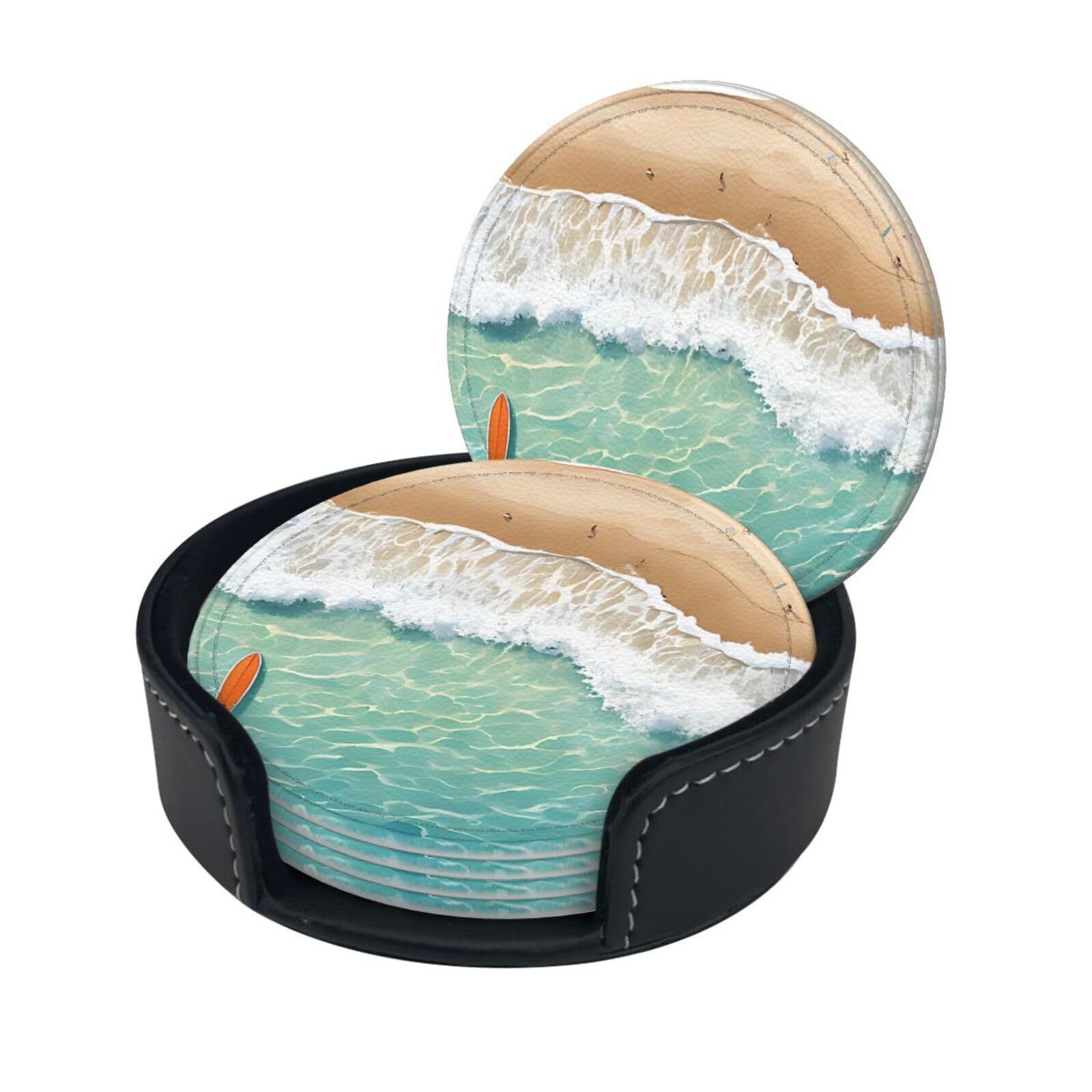 Romantic Beach Pattern Print Coaster,Round Leather Coasters with Storage Box for Wine Mugs,Cold Drinks and Cups Tabletop Protection (6 Piece)