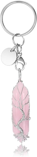 CrystalTears Rose Quartz Healing Crystal Keyring Silver Tree of Life Wire Wrapped Hexagonal Crystal Point Pendant Car Keyrins Keychain for Women Girls Christmas Gift